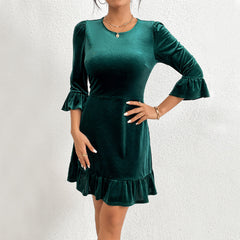 Round Neck Slim Fit Ruffled Short Dress