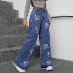 Floral Rhinestone Loose Straight Leg Denim