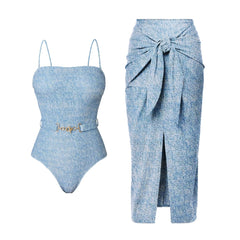 Bikini Triangle Sexy Denim Printing Split Swimsuit Wrap Skirt