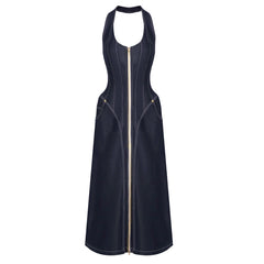 Sleeveless Halter Slim Fit Backless Sheath Denim Dress