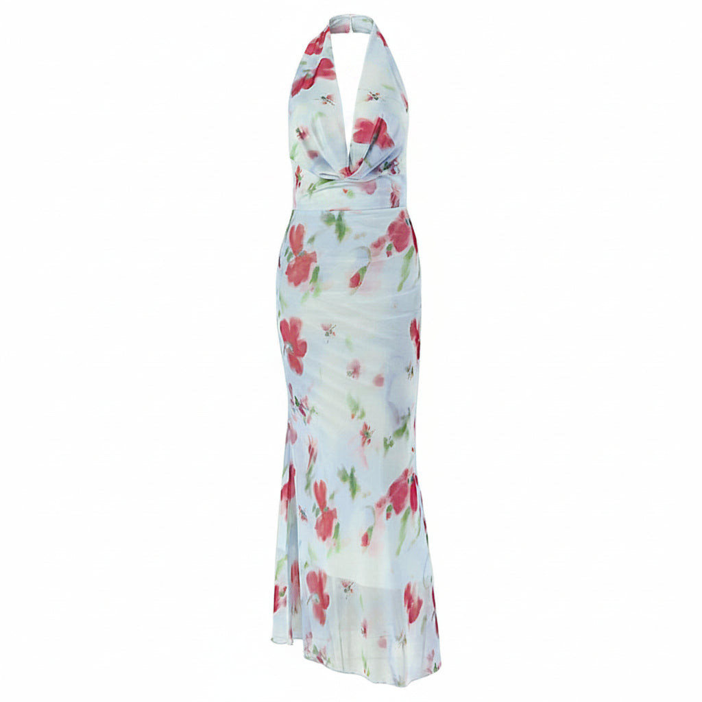 Floral Hip Swing Collar Long Printed Backless Pleated Dress