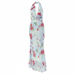 Floral Hip Swing Collar Long Printed Backless Pleated Dress
