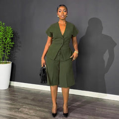European Elegant Office Shoulder Sleeve Waist Trimming Lace up Short Pants Two Pieces