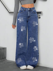 Floral Rhinestone Loose Straight Leg Denim