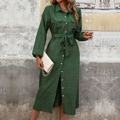Turn down Collar Green Long Sleeve Dress