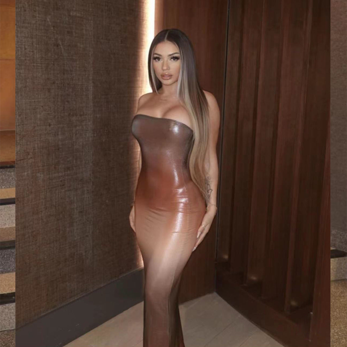 Women Autumn Sexy Tube Top Maxi Dress Nightclub Tight Fitting Cinched Hip Dress Women