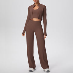 Solid Color Sports Zip Long Sleeve Coat Halterneck Vest Baggy Straight Trousers Set