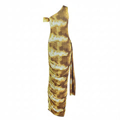 Yellow Slim Fit Pleated Hip Sleeveless Diagonal Collar One Shoulder Dress