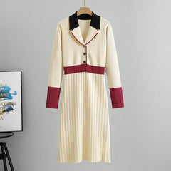 Women Spring Colorblock Waist Slim Collar Knitted Dress