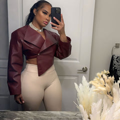 Summer Women Clothing Personality Waist Controlled Cropped Faux Leather Solid Color Casual Coat Women