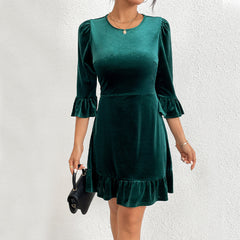 Round Neck Slim Fit Ruffled Short Dress