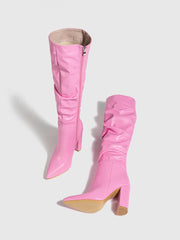 Pointed Toe Chunky Heel Pointed Toe Natural Wrinkle Zipper Boots