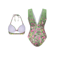 Green Floral One Piece Swimsuit Halter Set