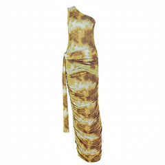 Yellow Slim Fit Pleated Hip Sleeveless Diagonal Collar One Shoulder Dress